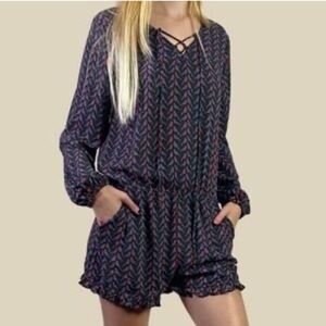 Izzy & Lola Womens Romper Lined Brown Bird Pattern Elastic Waist Jumpsuit small
